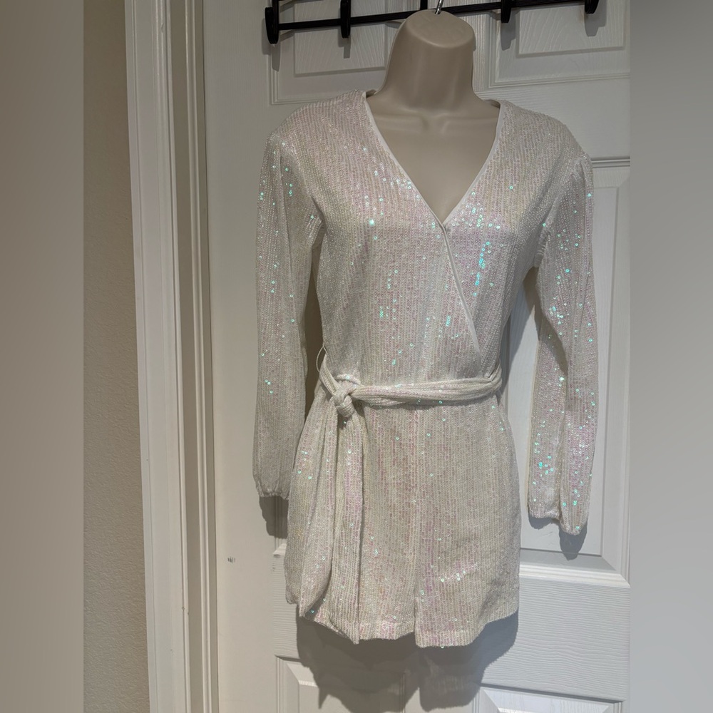 Romper Iridescent White Sequin Wrap Top style with belt tie